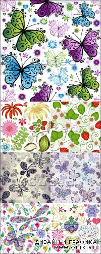 Векторные фоны с бабочками и цветами/ Background with butterflies and flowers in vector
