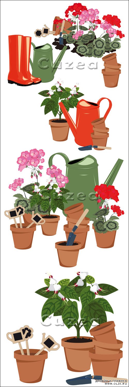 Цветы в горшках, садовые сапоги и лейка в векторе/ Flowers in the garden rubber boots and watering in vector