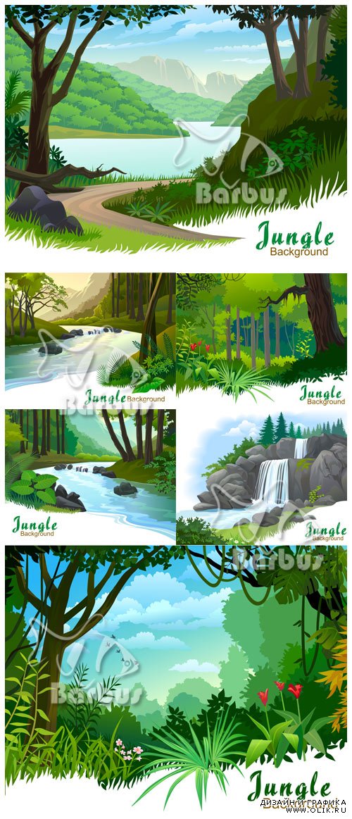 Jungle backgraund / Фоны джунглей - пальмы, дикие цветы, море зеленой травы, реки и водопады