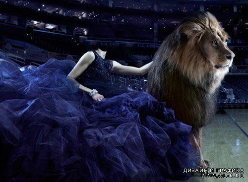Шаблон для фотошопа - Девушка в великолепном наряде с царем зверей