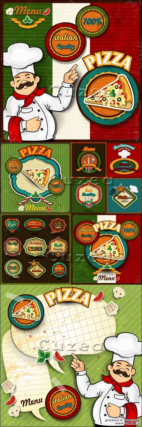 Шеф, меню и пицца - векторный клипарт/ Chef pizza menu paper in vector