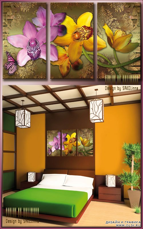 Модульная картина-триптих с имитацией мазков - Розовые и желтые орхидеи