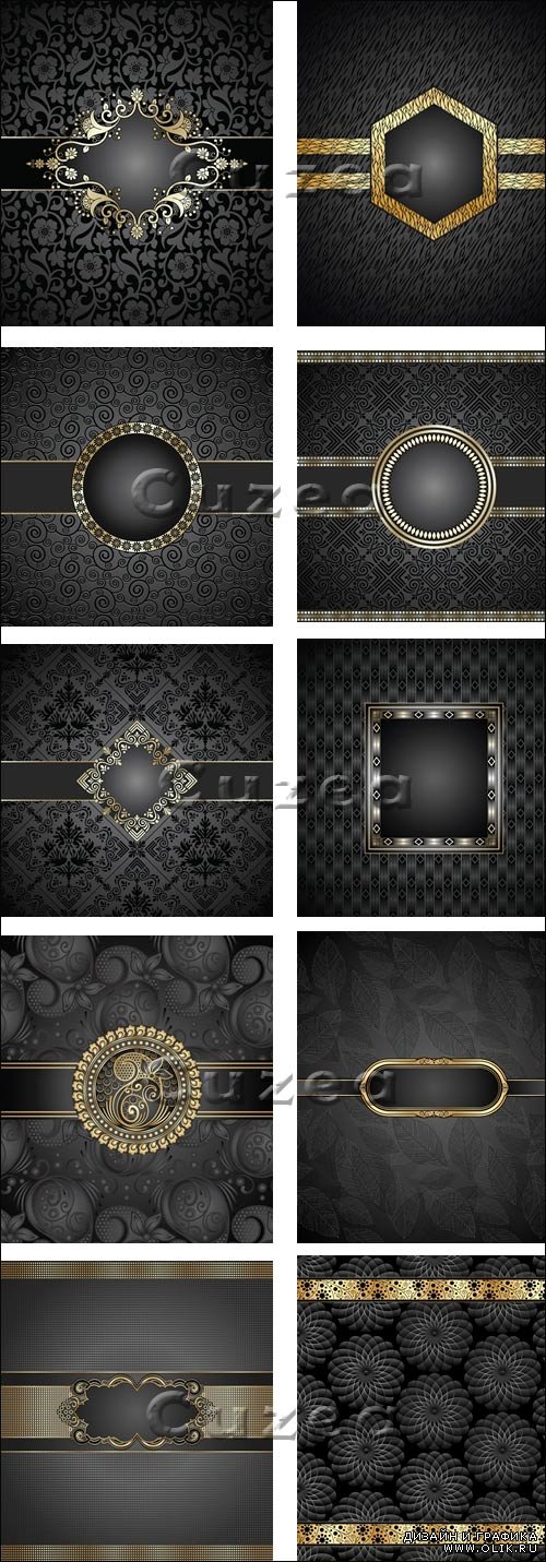 Темные векторные фоны с золотыми элементами / Black vintage backgrounds with gold elements in vector