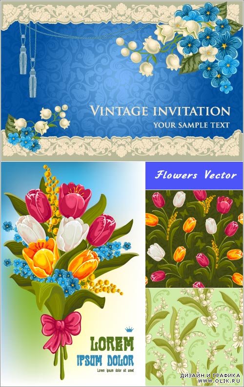 Patterns of tulip and lily of the valley bouquet (vector)