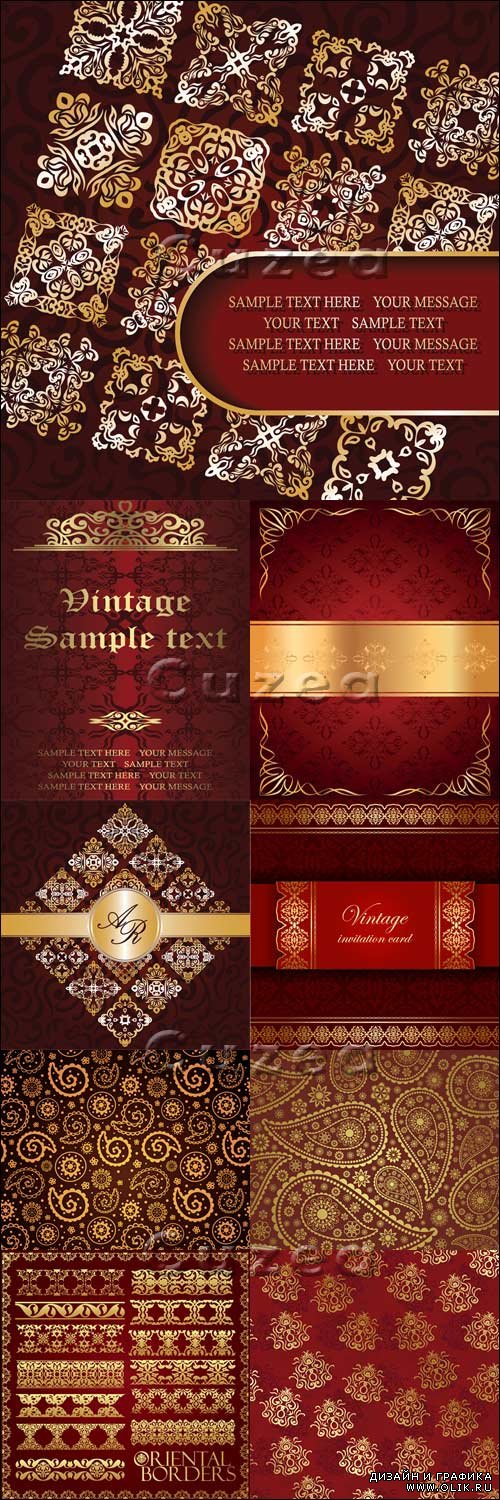 Red vintage background with gold elements in vector