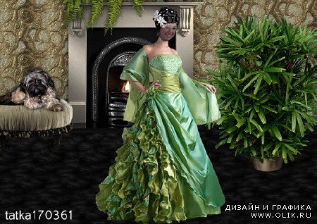 Женский шаблон для фотошопа - Девушка в зелёном платье у камина