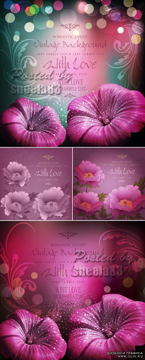 Romantic Cards with Flowers Vector