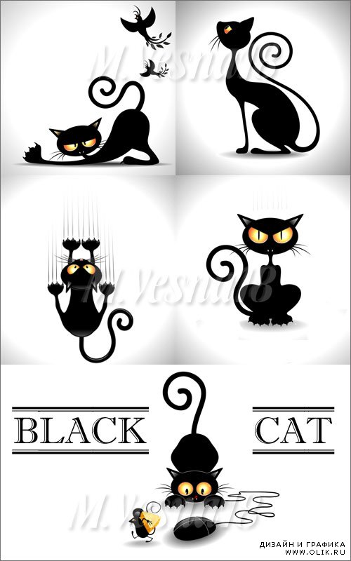 Чёрный кот, винтаж на белом фоне, в векторе / Black cat, vintage on a white background, in the vector