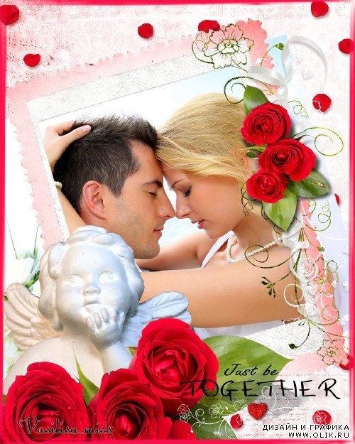 Романтическая фоторамка с ангелом, красными розами и нежными лепестками роз