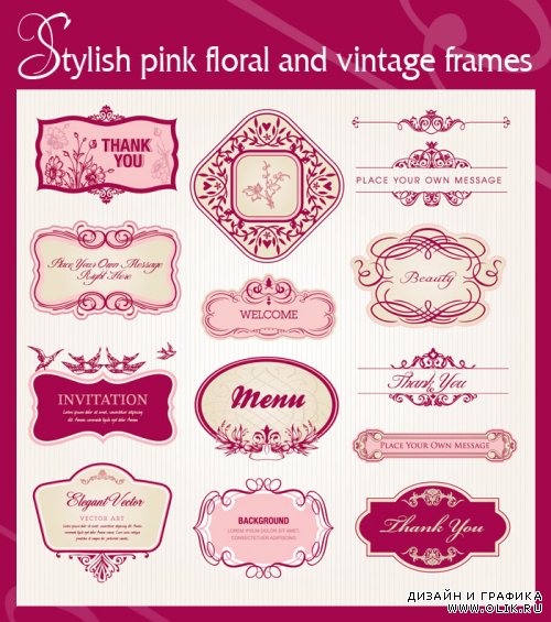 Stylish pink floral and vintage frames. Vector material