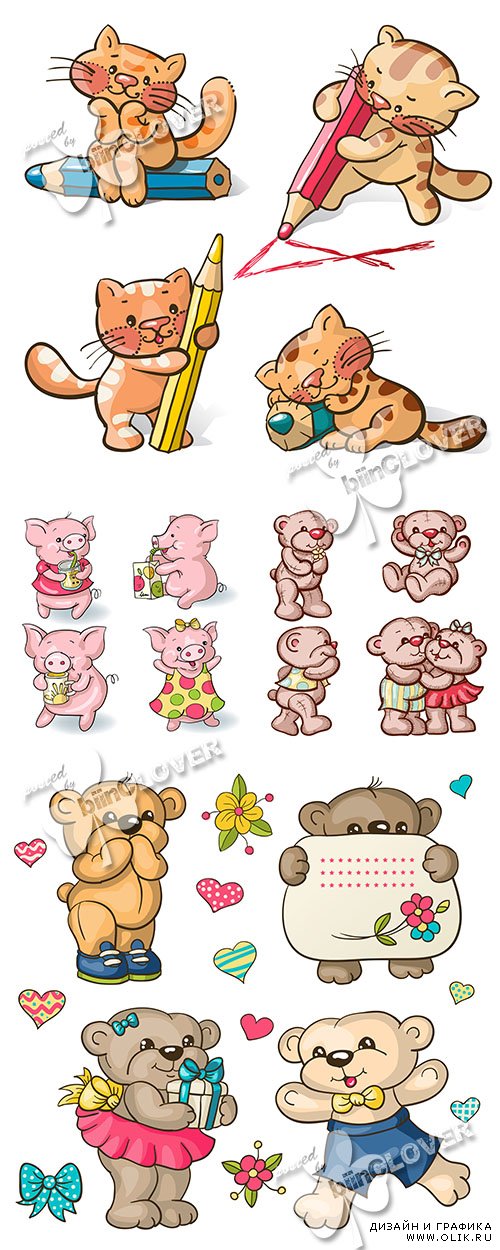 Funny pigs, Teddy bears  and kittens illustrations 0470