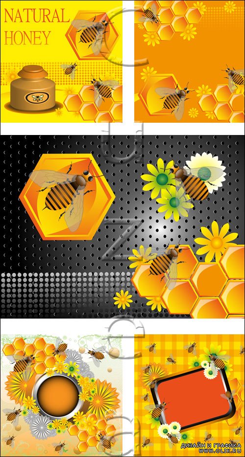 Фоны с мёдом и пчёлами в векторе / Natural honey backgrounds in vector