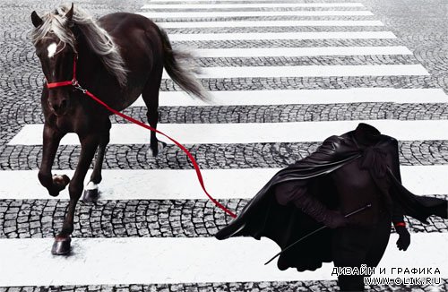 Шаблон для девушек - Девушка с прекрасной вороной лошадью в городе
