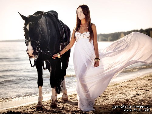 Шаблон для девушек - Брюнетка с лошадью вдоль океана