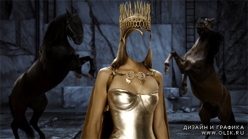 Женский шаблон - Принцесса с короной в замке с лошадьми