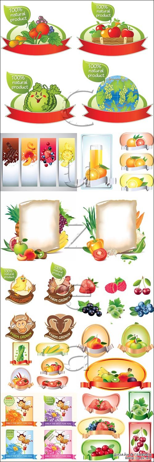 Векторные съедобные баннеры с фруктами и овощами