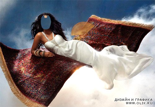 Шаблон psd женский - Принцесса в белом платье на ковре самолете