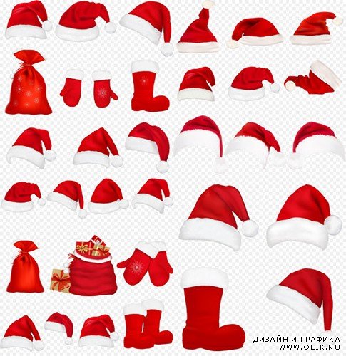 Клипарт - Новогодние шапки с бубенчиком варежки валенки мешки с подарками на прозрачном фоне PSD