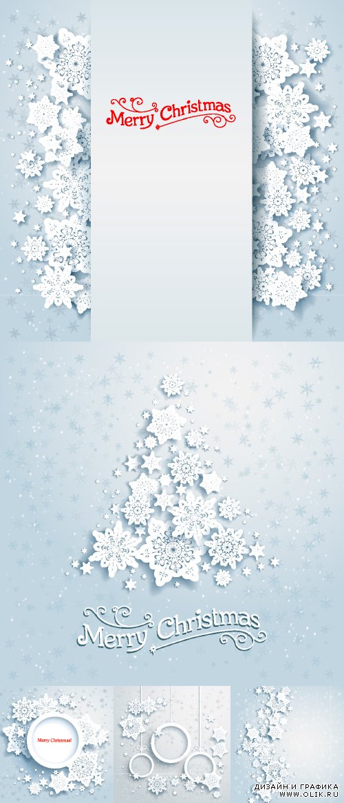 Белые новогодние ёлочки и снежинки в векторном формате