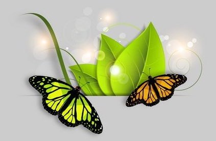 Яркие фоны с зелеными листьями, жучками и бабочками