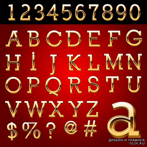 Золотой алфавит и символы в векторе