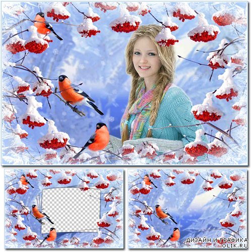 Зимняя рамка для фотошопа – Рябина и снегири