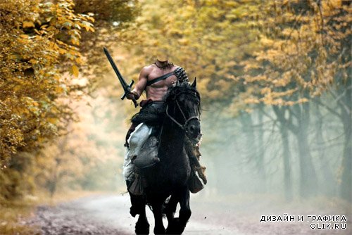 Шаблон для фото - Мужественный воин с мечом на лошади