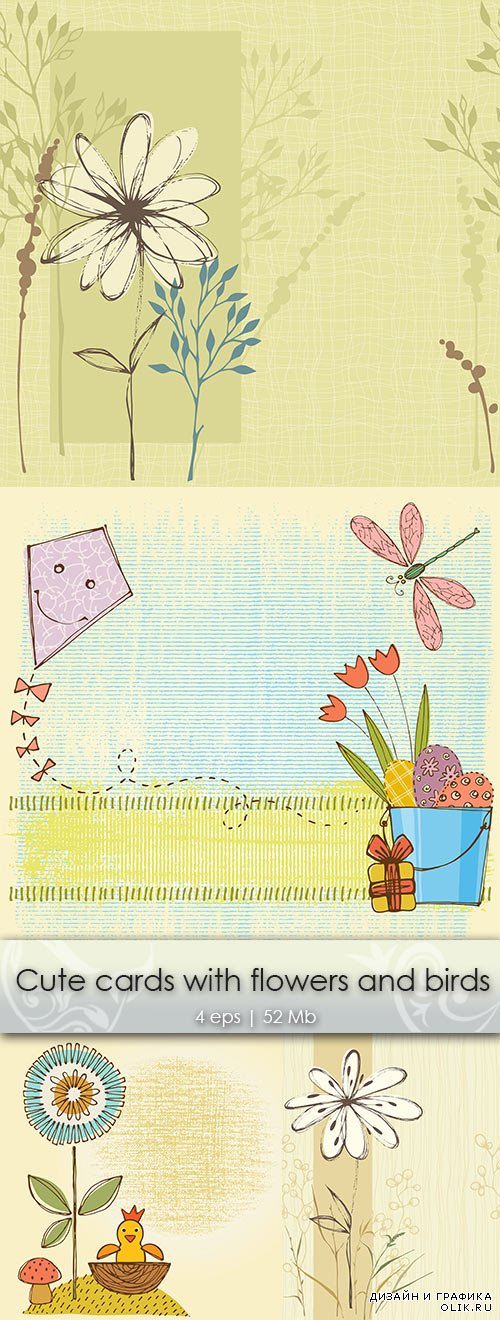 Cute cards with flowers and birds - Симпатичные открытки с цветами и птицами