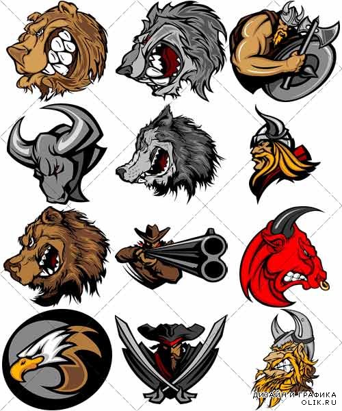 Талисманы спортивных команд, пират, викинг, медведь, бульдог, волк, гризли | Mascots sports teams, pirate, viking, bear, bulldog, wolf, grizzly - вектор