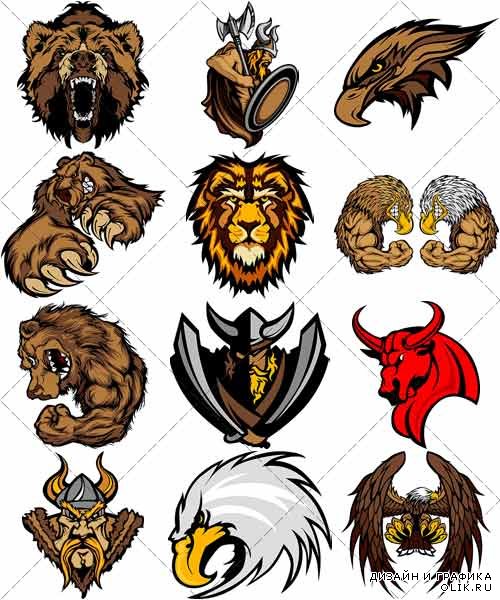 Талисманы спортивных команд, пират, викинг, медведь, бульдог, волк, гризли | Mascots sports teams, pirate, viking, bear, bulldog, wolf, grizzly - вектор