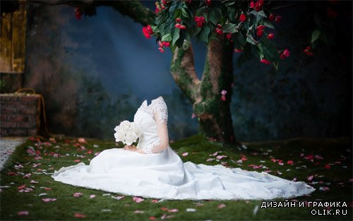 Под цветущем деревом со свадебным букетом - шаблон женский