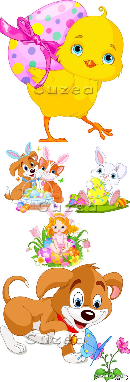 Vector - Easter girl animals and chicken