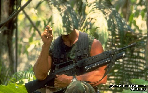Шаблон psd - Солдат с оружием и сигарой в лесу