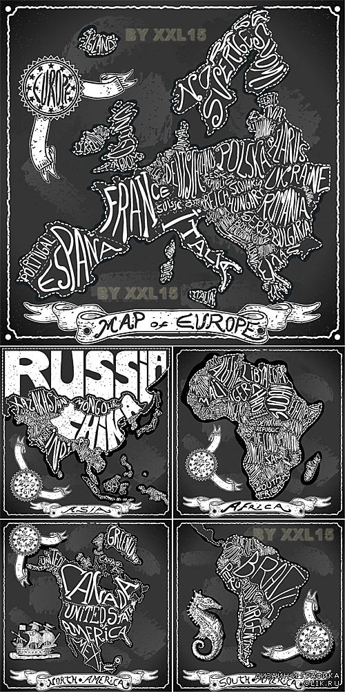 Vintage hand drawn world maps