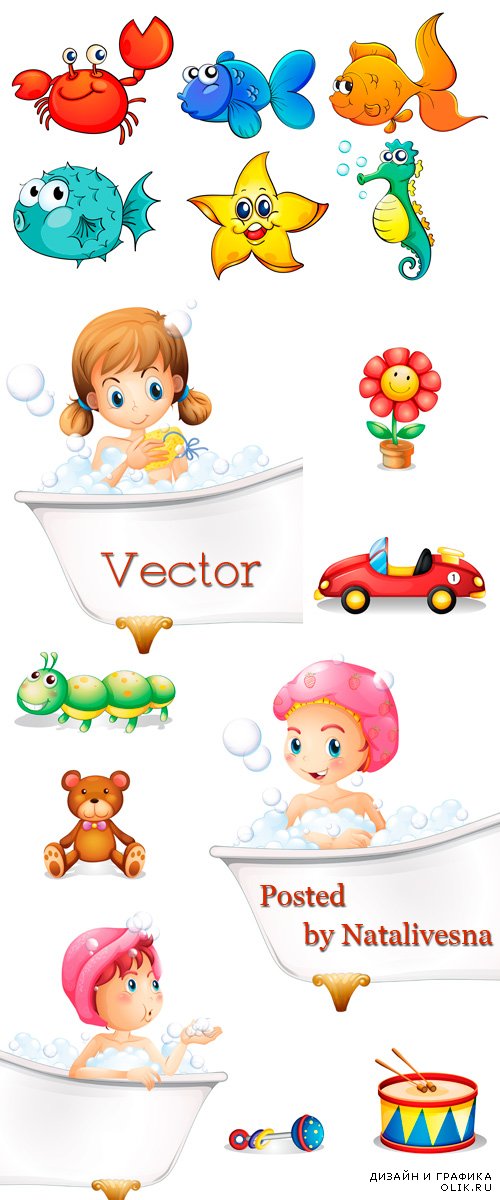 Девочки в ванне с пузырями и игрушками в Векторе