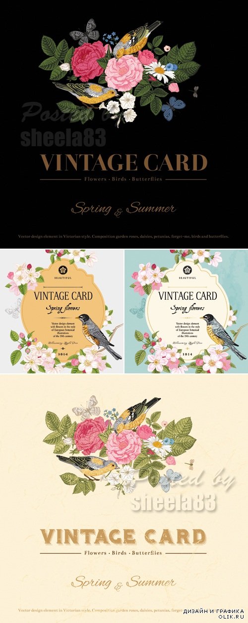 Vintage Cards with Spring Flowers Vector