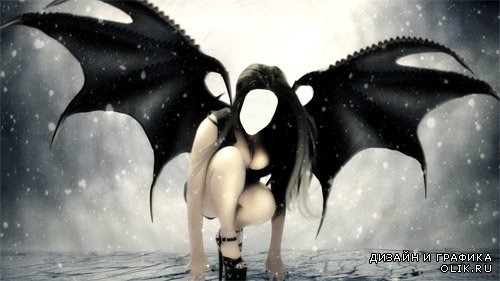 Шаблон psd женский - Черный ангел с большими крыльями
