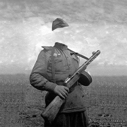 Шаблон psd мужской - Солдат с оружием в 40-е годы