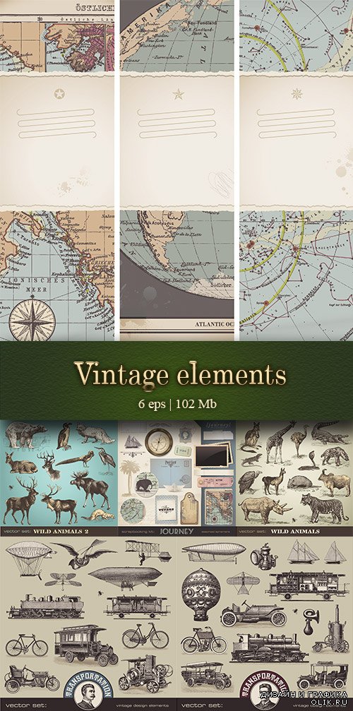 Vintage elements: wild animals,Post Stamps,Calligraphic Hand drawn Butterflies - Винтажные элементы: дикие животные, Почтовые марки, каллиграфически н