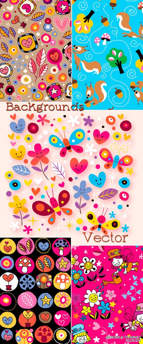 Фоны в Векторе для детей с белками, цветами и сердечками