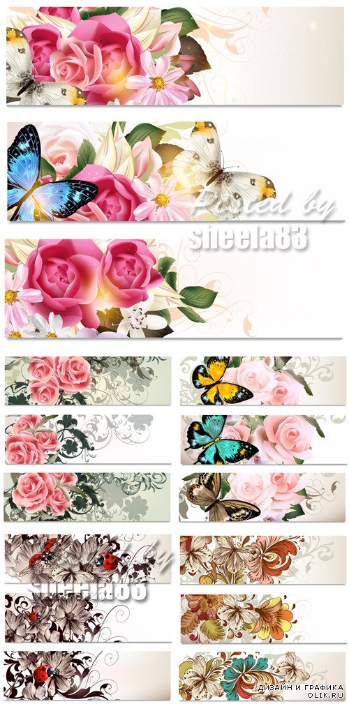 Paper Banners with Flowers Vector