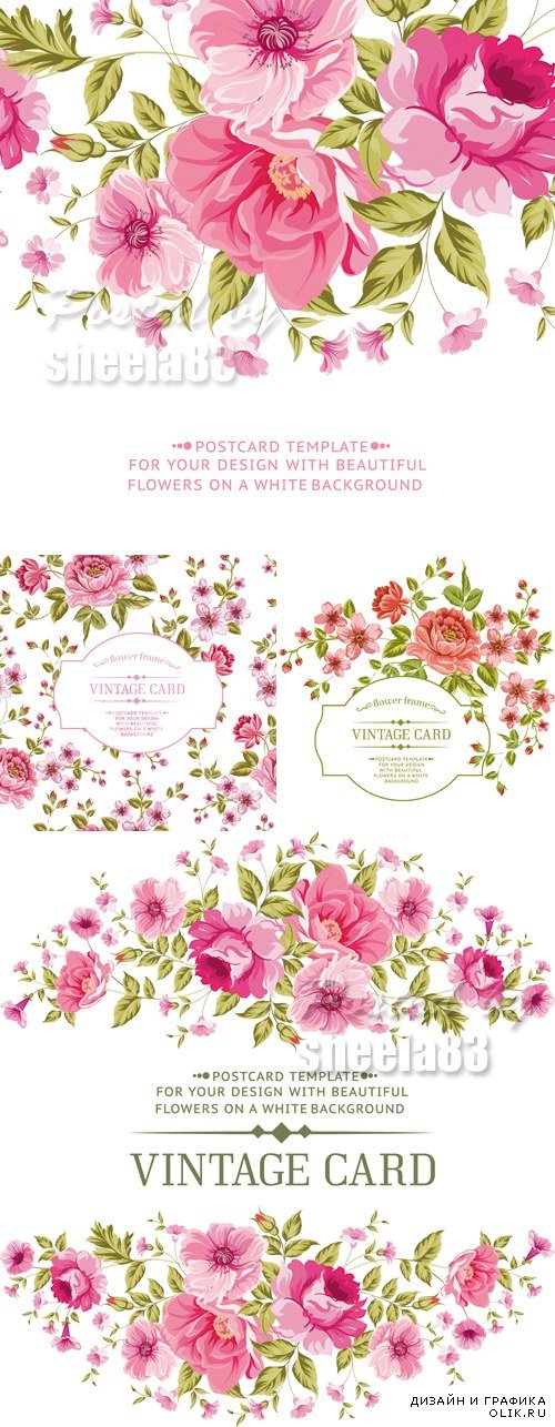 Pink Flowers Cards Vector