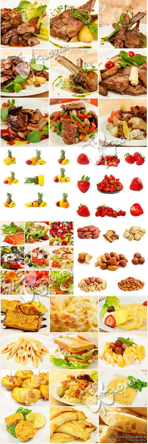 Collage with meals nuts, strawberry, meat, vegetables 0592