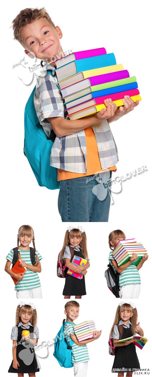 Little girl and boy with backpack and books 0594