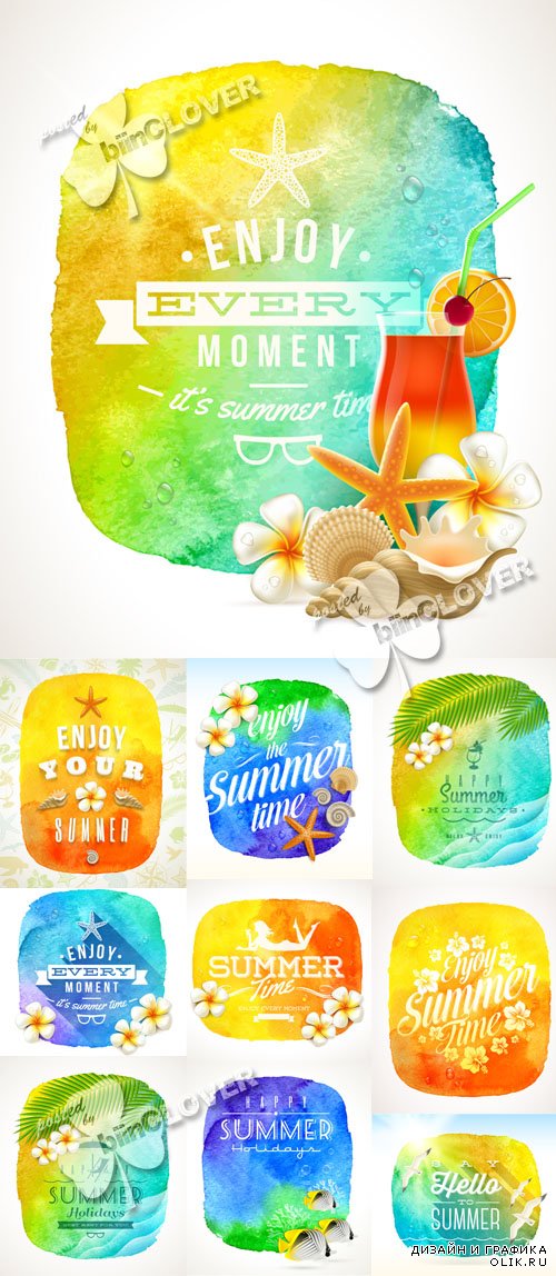 Summer backgrounds with watercolor flowers, seashells and cocktail 0599