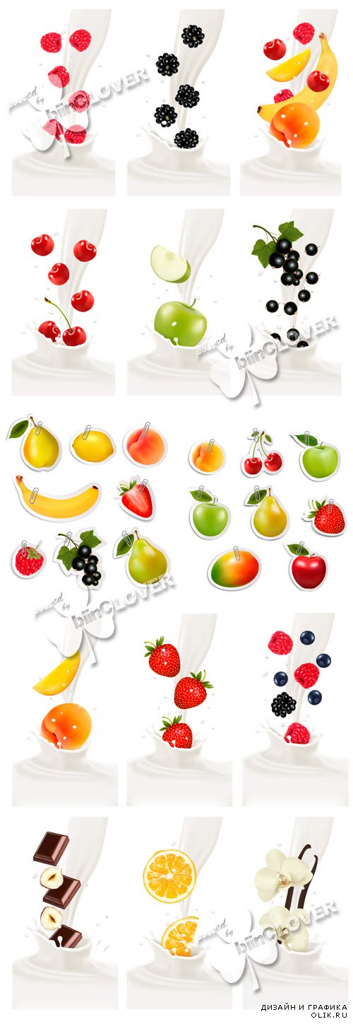 Fruit stickers and banners fresh fruits in milk splash 0599
