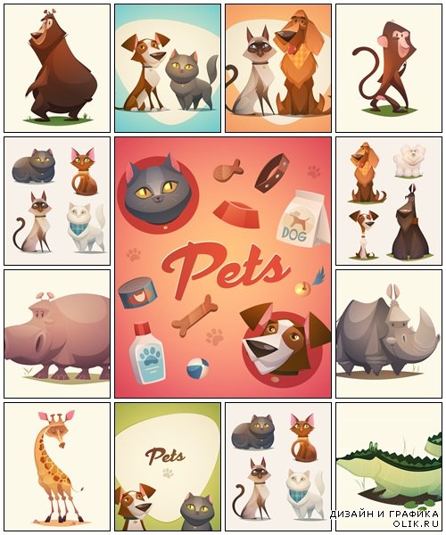 Pets background. Cartoon styled vector illustration