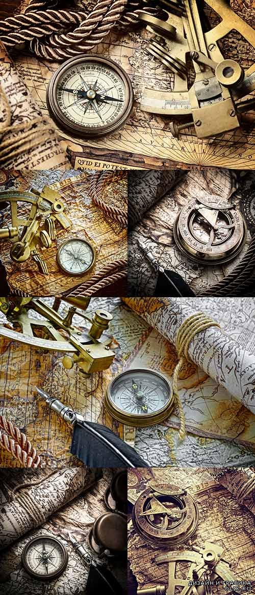 Растровый клипарт - Старые карты и компас