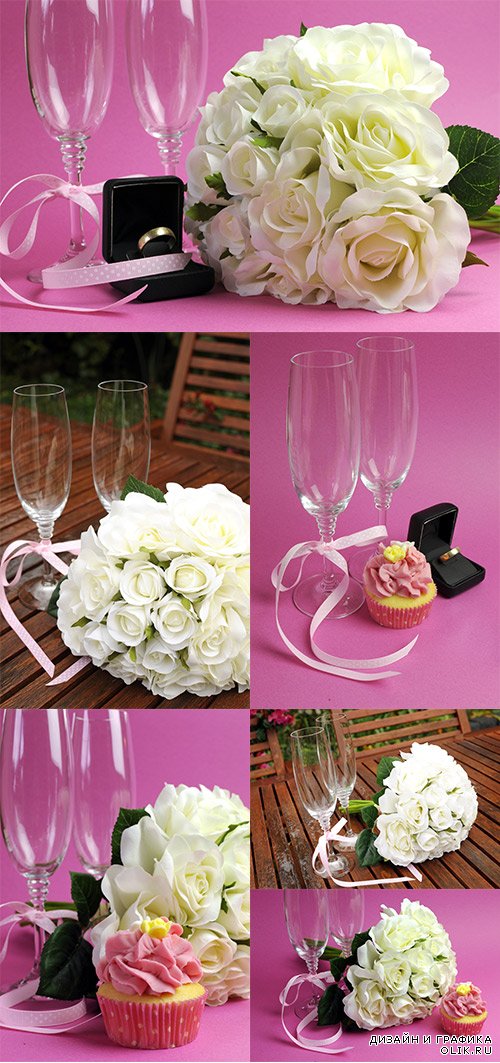 Wedding bridal bouquet of white roses and champagne glasses
