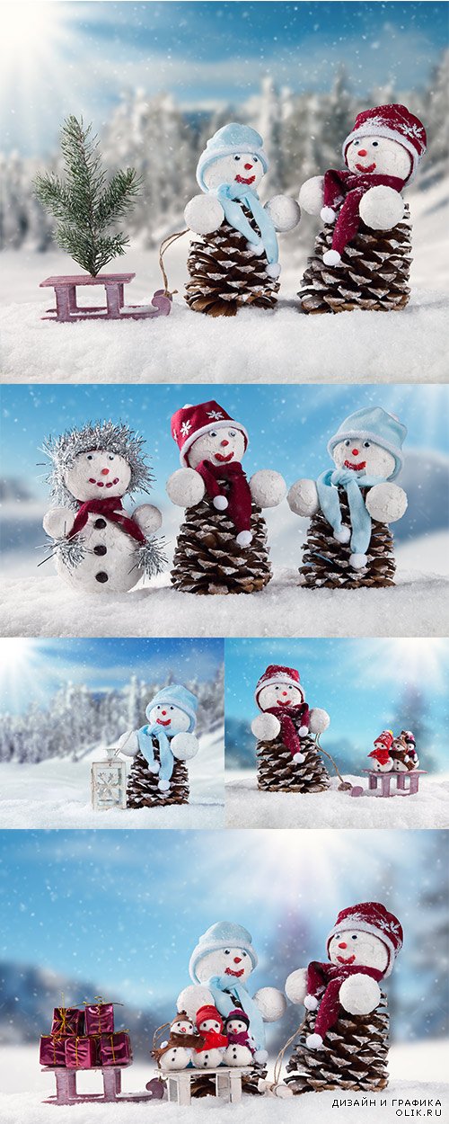 Winter snowy scenery with snow men